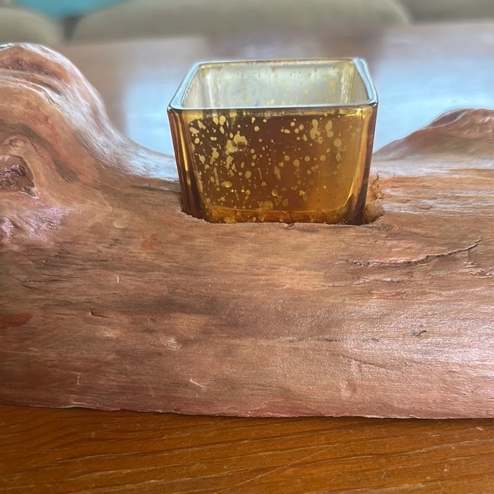 Rustic Driftwood Wood Candle Holder with Gold Glass Votive Cups, Nature Decor